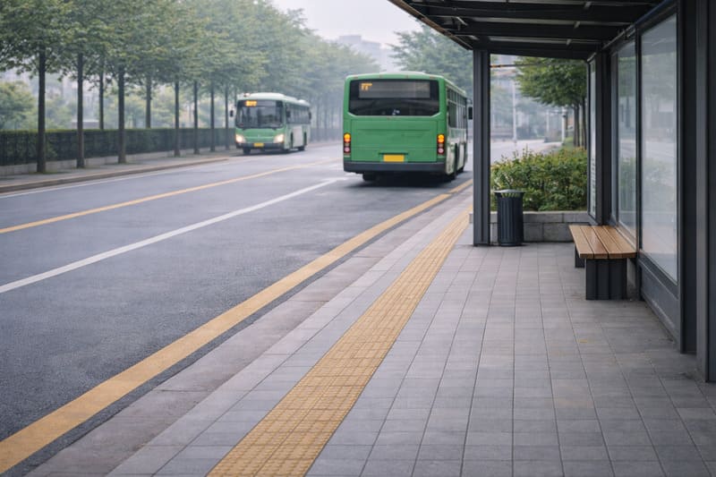 버스 정류장에 정차해 있는 초록색 시내버스와 비어 있는 대기 공간