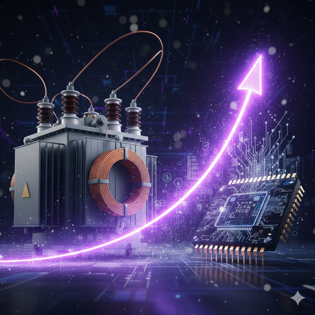 거대한 전력 변압기와 반도체 칩셋이 보랏빛 디지털 광원과 겹쳐져 상승 곡선을 그리는 이미지
