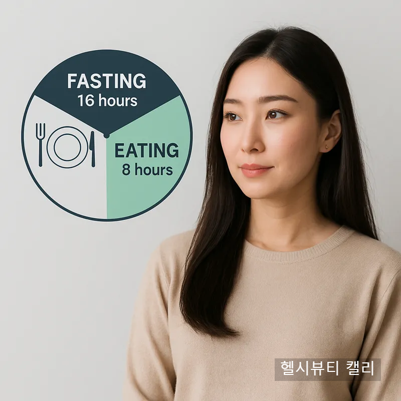 간헐적 단식 16:8 방식을 설명하는 그래픽 옆에 선 30대 한국 여성