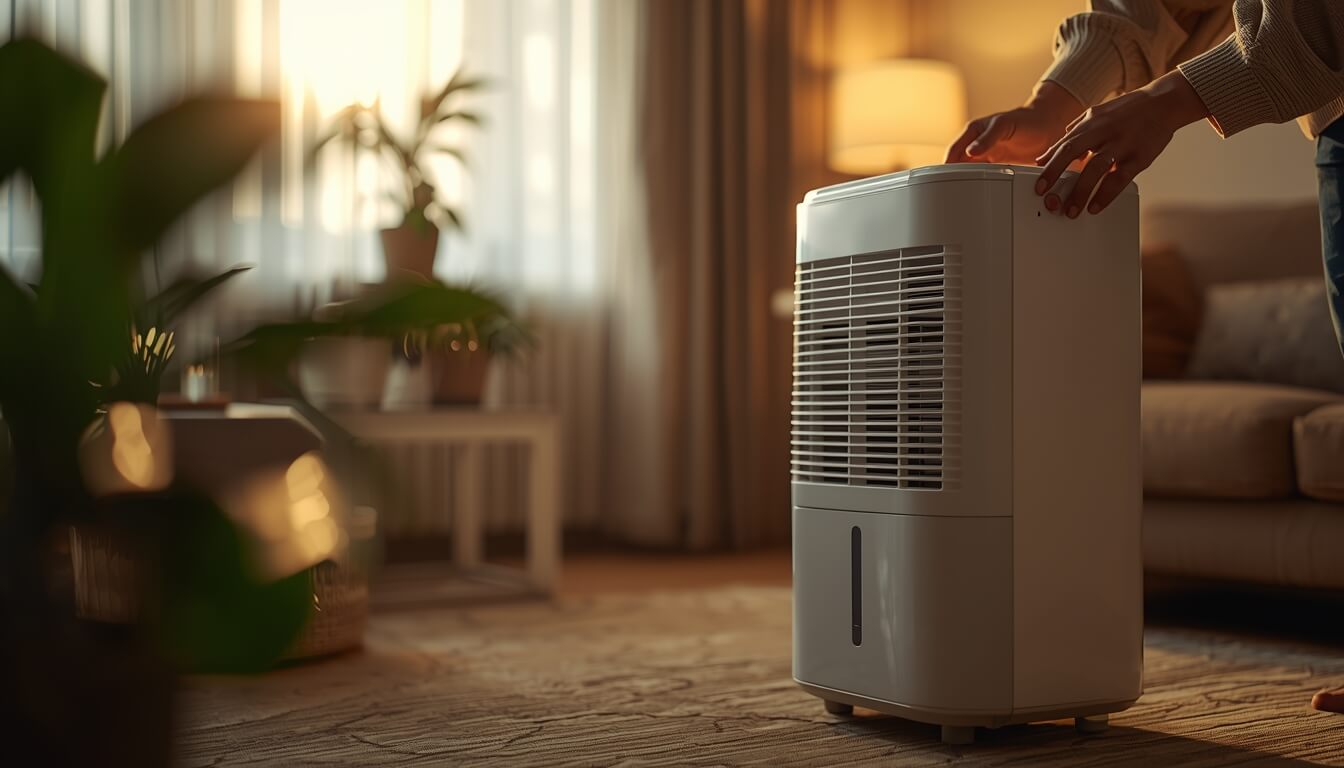 제습기를 사용하여 실내 습도를 관리하는 모습