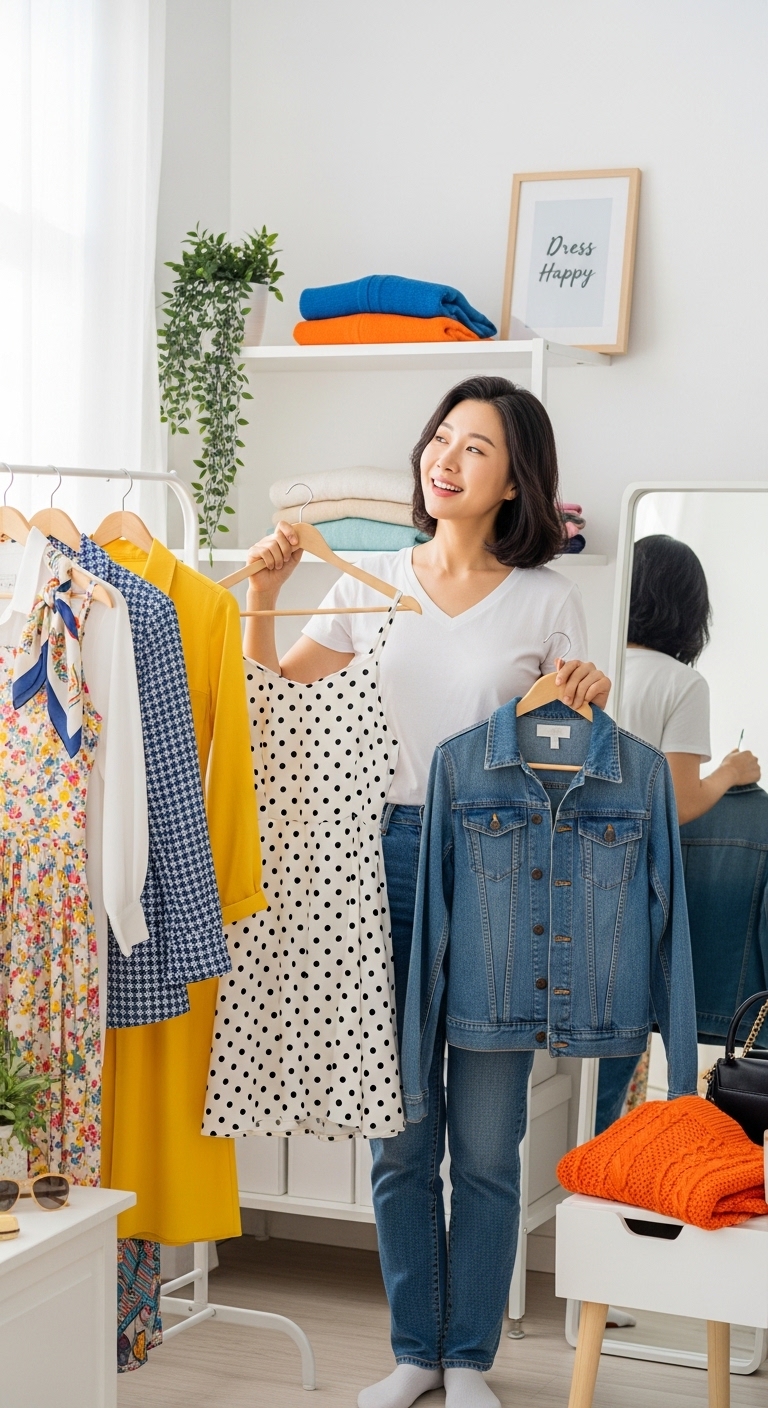A happy person standing in front of a mirror with various colorful outfits, choosing a style for the day, bright and inspiring atmosphere.