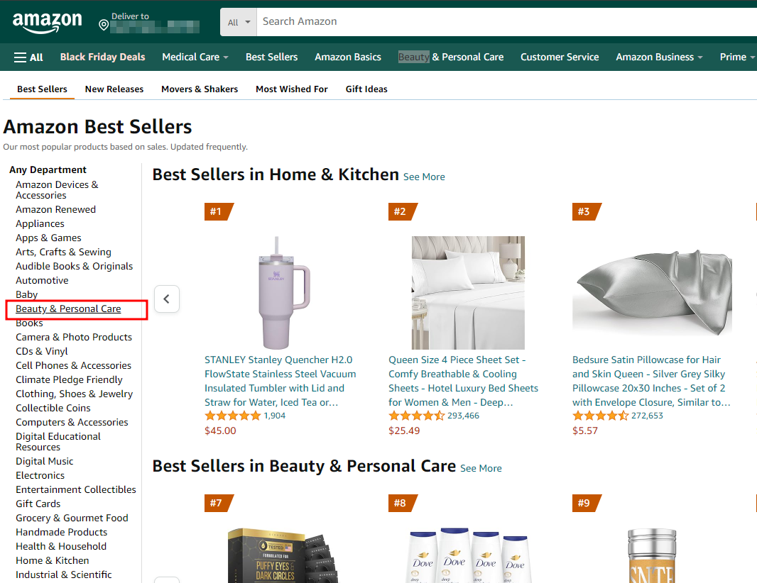 아마존닷컴 카테고리별 베스트 셀러 아이템 찾는 방법