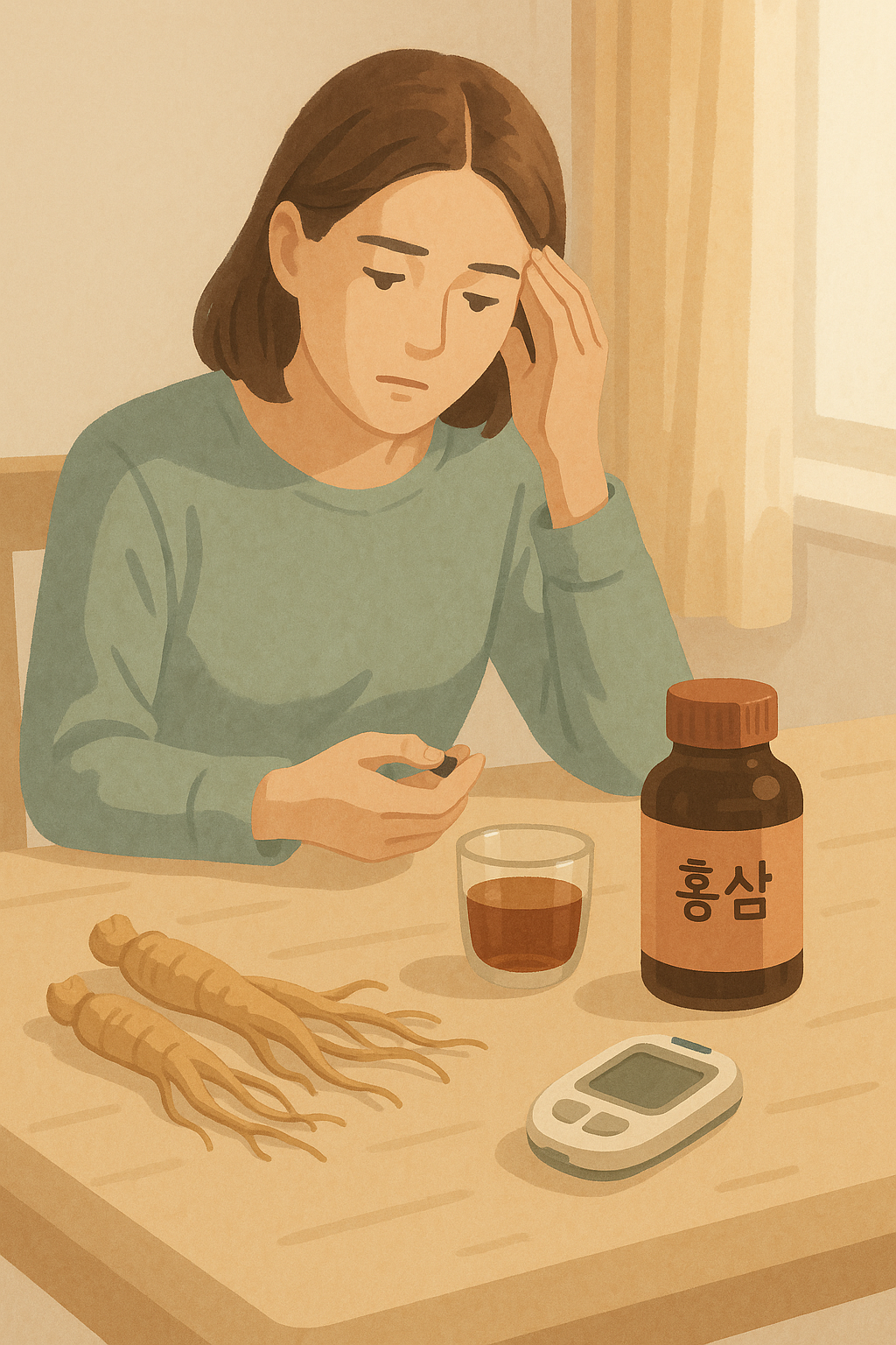 &ldquo;당뇨 환자가 홍삼 복용을 고민하며 혈당을 체크하는 장면. 식탁 위에는 홍삼 뿌리, 홍삼병, 유리컵, 혈당 측정기가 놓여 있고, 여성이 손가락을 바라보며 생각에 잠겨 있다.&rdquo;