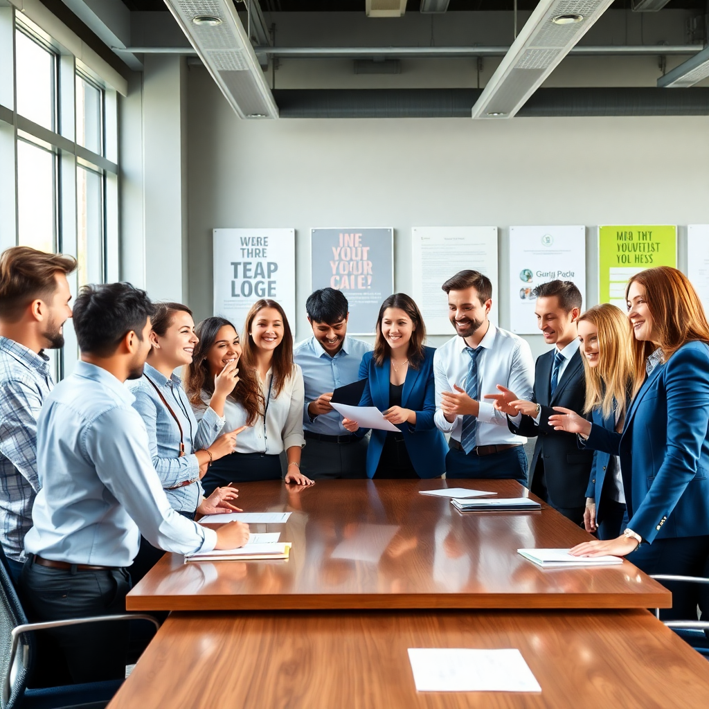 사무실에서 여러 명의 젊은 공무원들이 활기차게 소통하며 함께 프로젝트를 논의하는 모습. 밝은 미소와 긍정적인 상호작용이 강조된 단체 사진 느낌.