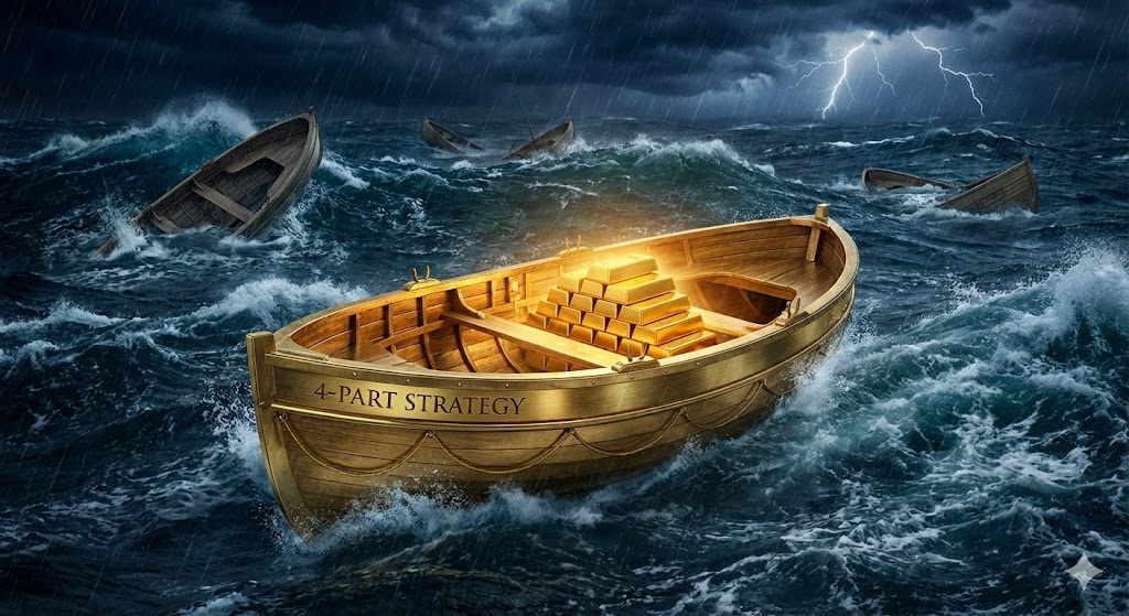 거친 폭풍우(경제 위기)가 몰아치는 바다 위에서, '4분법'이라고 적힌 황금색 구명보트가 침몰하지 않고 유유히 떠 있는 모습