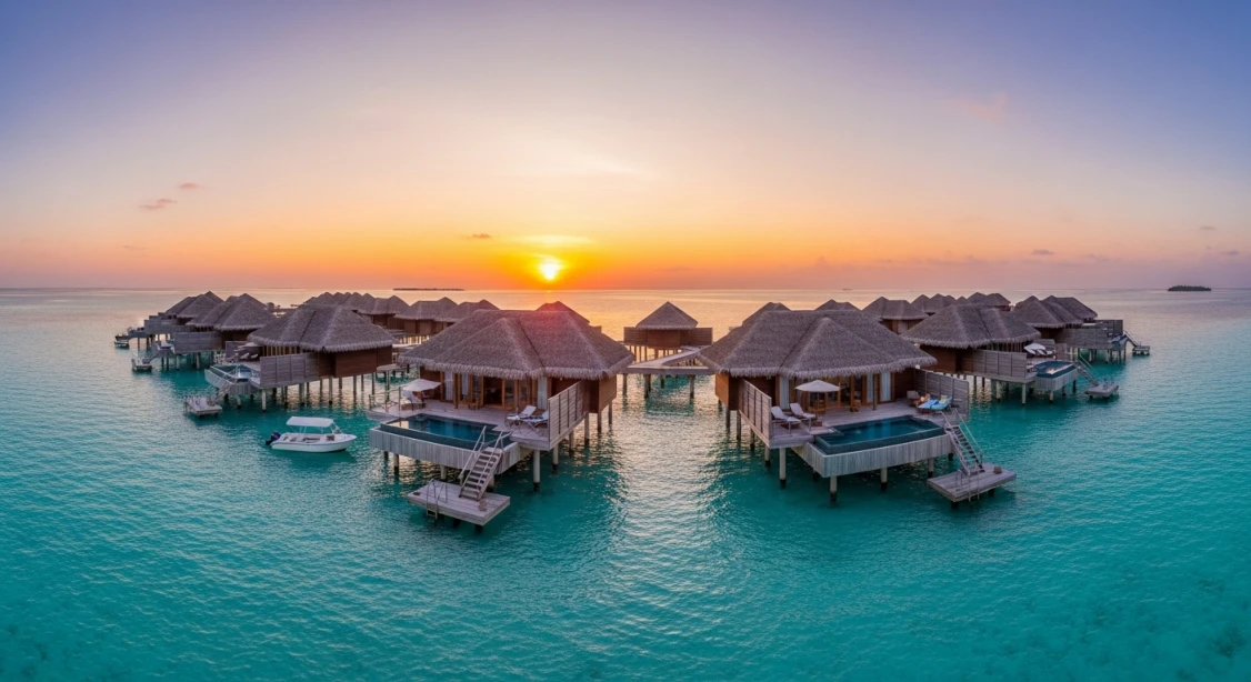 몰디브의 수상 방갈로 리조트 전경과 석양이 지는 평화로운 바다