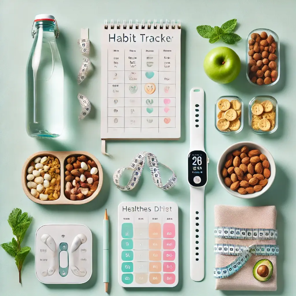 습관 체크표, 건강 플래너, 견과류와 과일이 정돈된 스튜디오 이미지