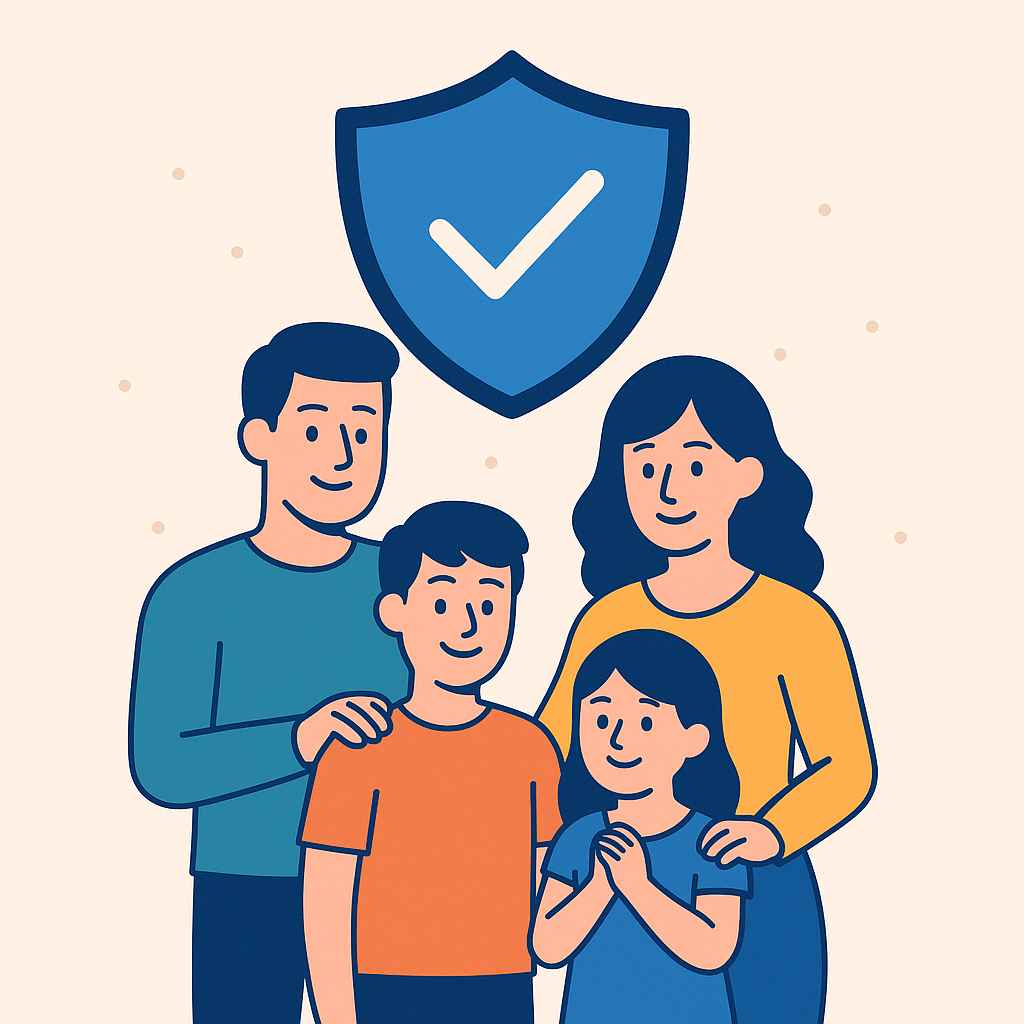 가족이 방패 형태의 보험 보호 아이콘 아래 있는 일러스트 이미지