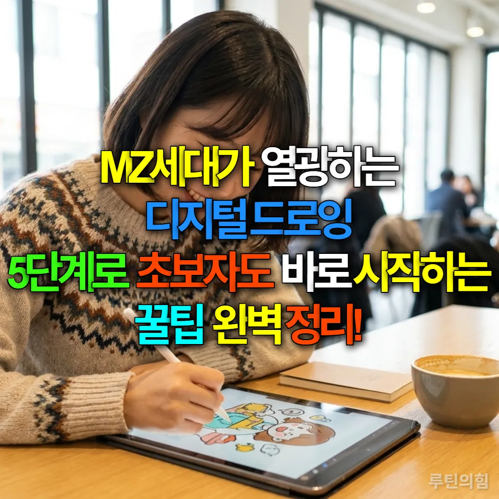 카페에서 아이패드로 디지털 드로잉을 하고 있는 젊은 한국 여성