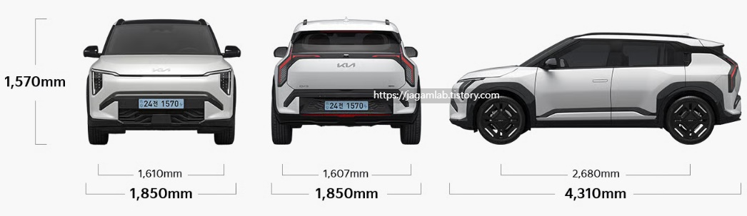 2026 EV3 GT-Line 전장, 전폭, 전고, 축거, 윤거 전후 제원