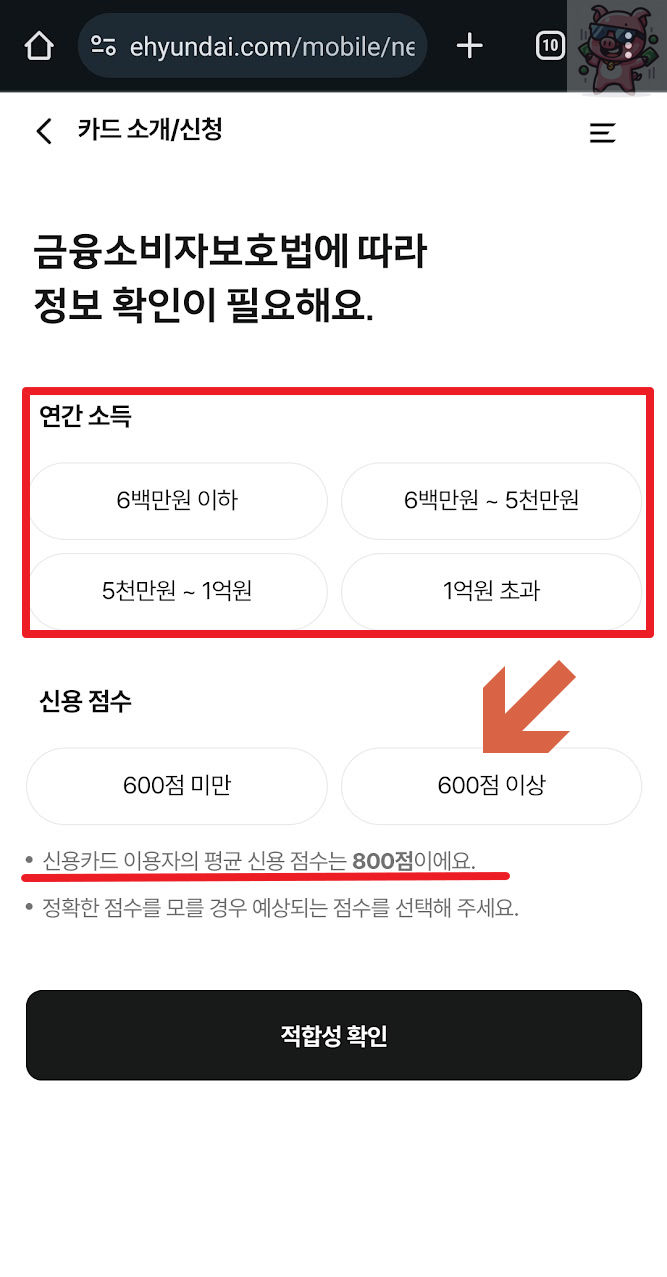 소득 및 신용 점수 선택