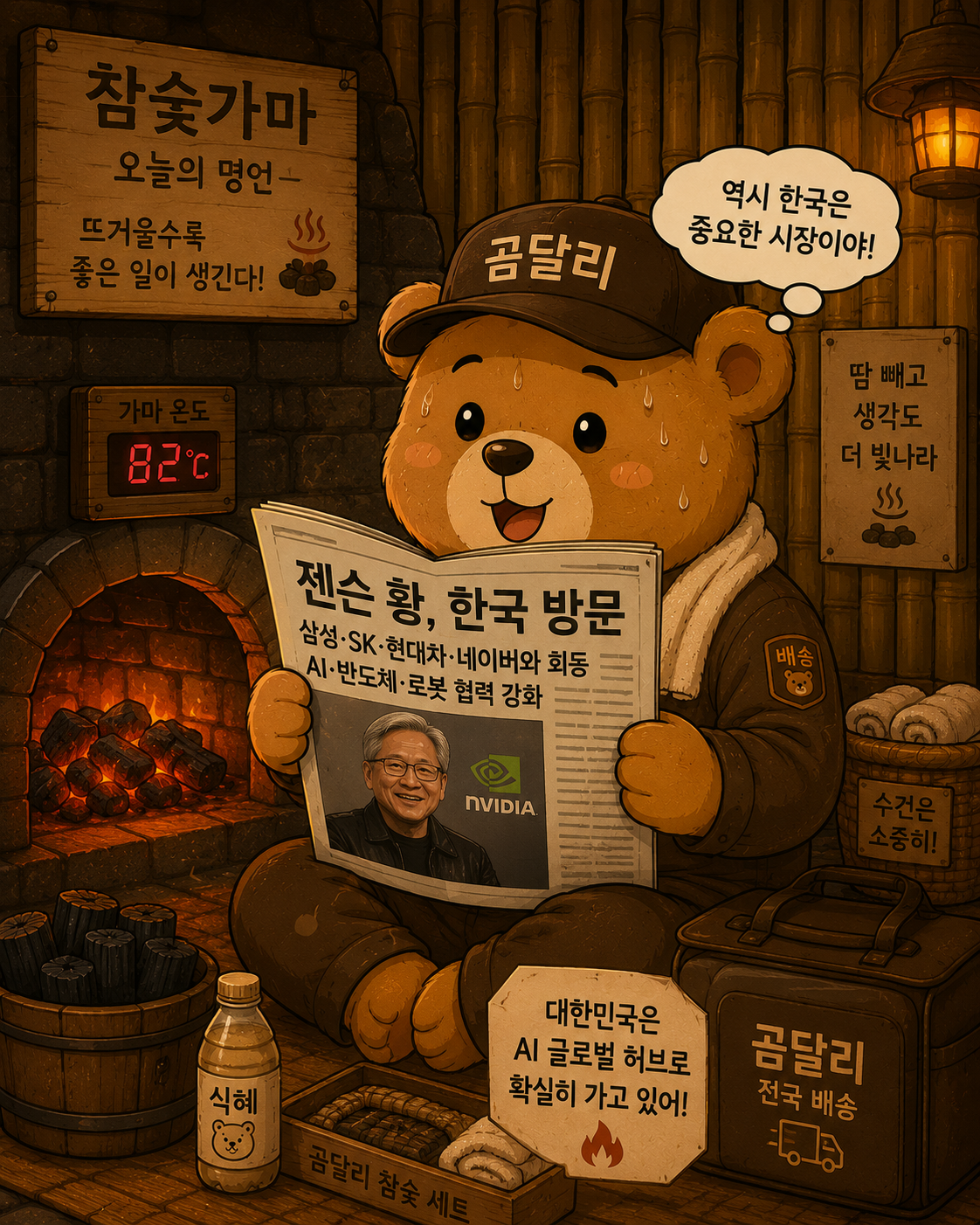 참숯가마에서 젠슨 황 방한 뉴스를 읽으며 AI 수혜주를 공부하는 곰따리 배달기사 캐릭터"