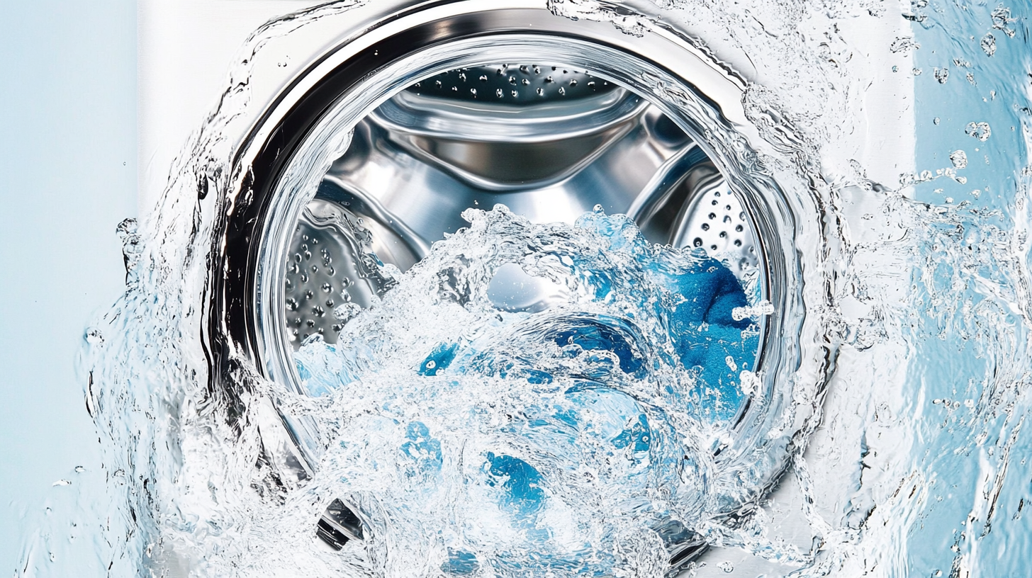 LG 통돌이 세탁기가 작동 중이며, 스테인리스 세탁조가 깨끗한 물을 안에서 소용돌이치고 있으며 위생적이고 강력한 세탁 과정을 보여주는 모습