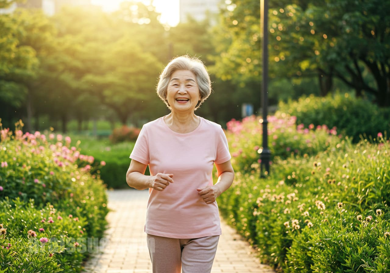공원 산책로에서 햇볕을 받으며 여유 있게 걷는 한국인 노년 여성이 미소 짓고 있습니다. 운동과 비타민D의 중요성을 상징합니다.
