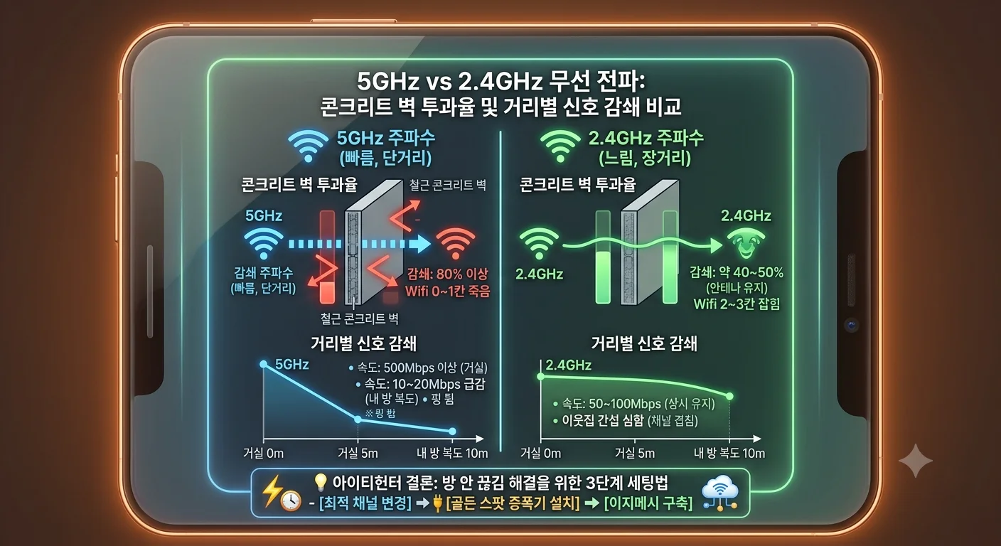 와이파이 5GHz 2.4GHz 주파수 특성 및 콘크리트 벽 신호 감쇄 원리 인포그래픽