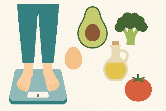 체중계 위에 선 사람과 옆에 아보카도, 달걀, 브로콜리, 올리브오일, 토마토 아이콘이 나열된 심플 일러스트
