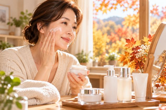 가을철 건조한 피부에 보습제를 바르는 중년 여성과 보습 화장품