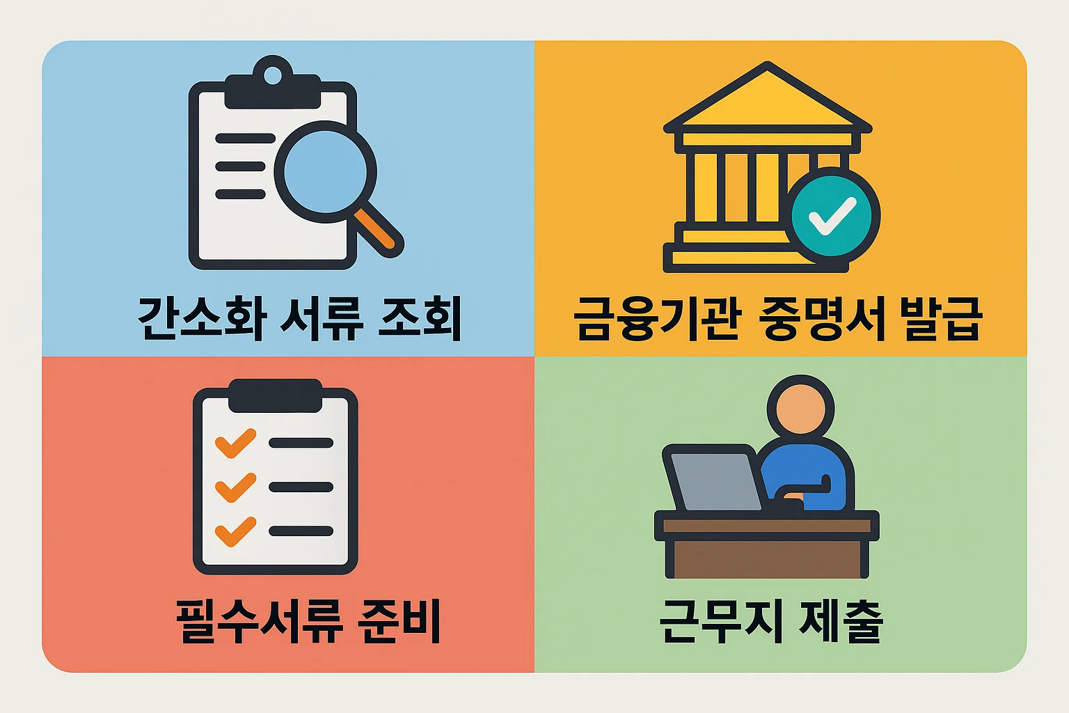 간소화 자료 조회, 금융기관 증명서 발급, 필수서류 준비, 근무지 제출까지의 전체 절차를 이해하기 쉽게 정리한 인포그래픽