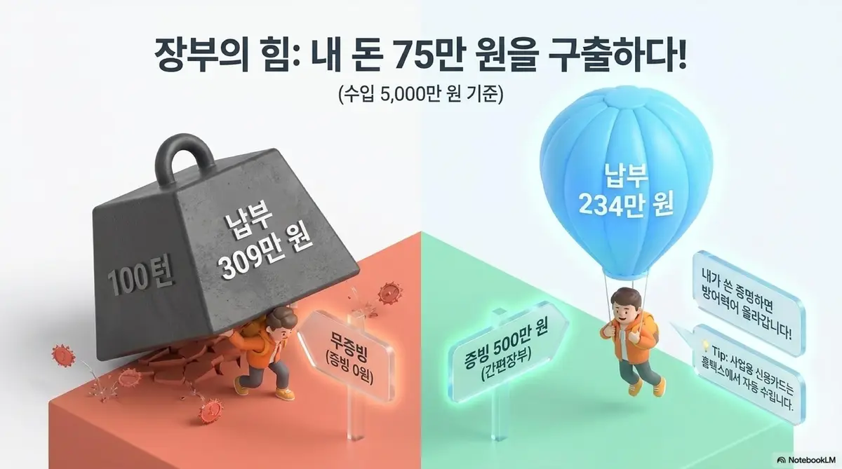 종소세 단순경비율 기준경비율: 수입 5,000만 원 기준으로 증빙 없이 납부 309만 원(무거운 추) vs 증빙 500만 원 확보 시 납부 234만 원(열기구)을 비교한 이미지. 기준경비율 증빙 확보로 약 75만 원을 절감할 수 있다는 절세 효과를 시각적으로 전달하며 경비율 세금 차이와 증빙의 중요성을 설명함