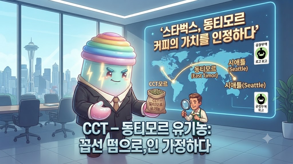 쫀쿠가 미국 시애틀의 스타벅스 본사에서 데이브 올슨 스타벅스 수석 구매 담당자와 만나고 있습니다. 쫀쿠는 동티모르 CCT 협동조합에서 가져온 최상급 유기농 생두 샘플을 보여주고 있고, 데이브 올슨은 돋보기로 원두를 세심히 관찰하며 감탄하고 있습니다. 벽면에는 'EAST TIMOR COFFEE'라고 적힌 스타벅스 칠판 메뉴가 걸려 있고, 공정무역 인증 마크가 크게 빛나고 있습니다.