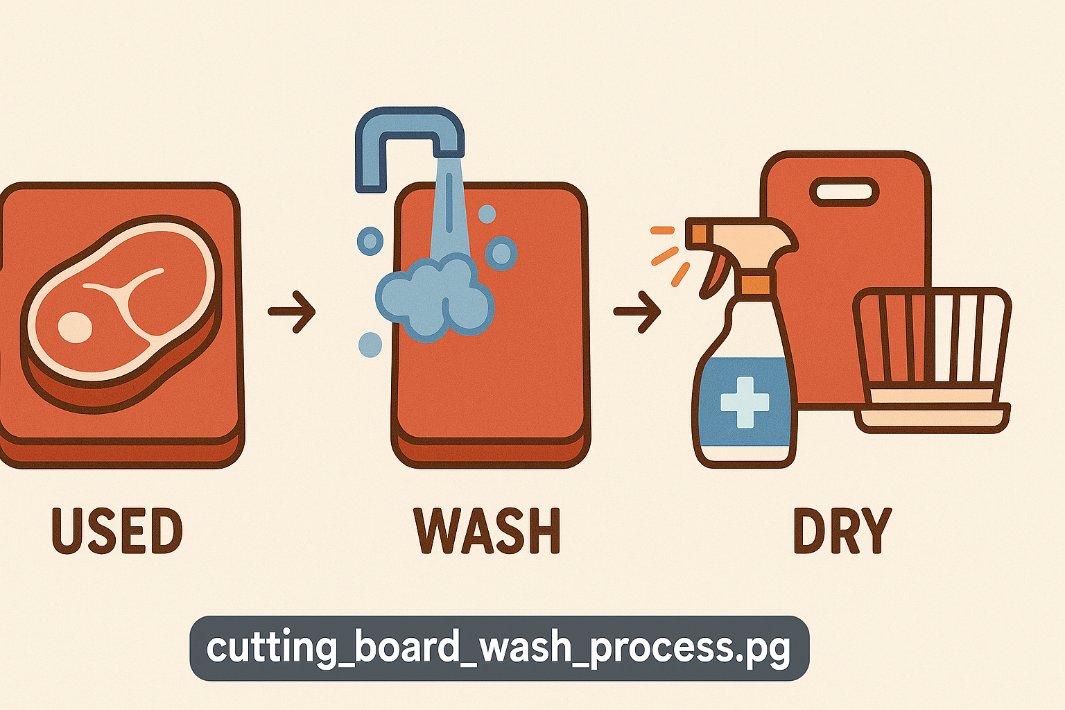 사용한 도마를 세척하고, 소독 후 건조하는 단계별 절차를 보여주는 일러스트