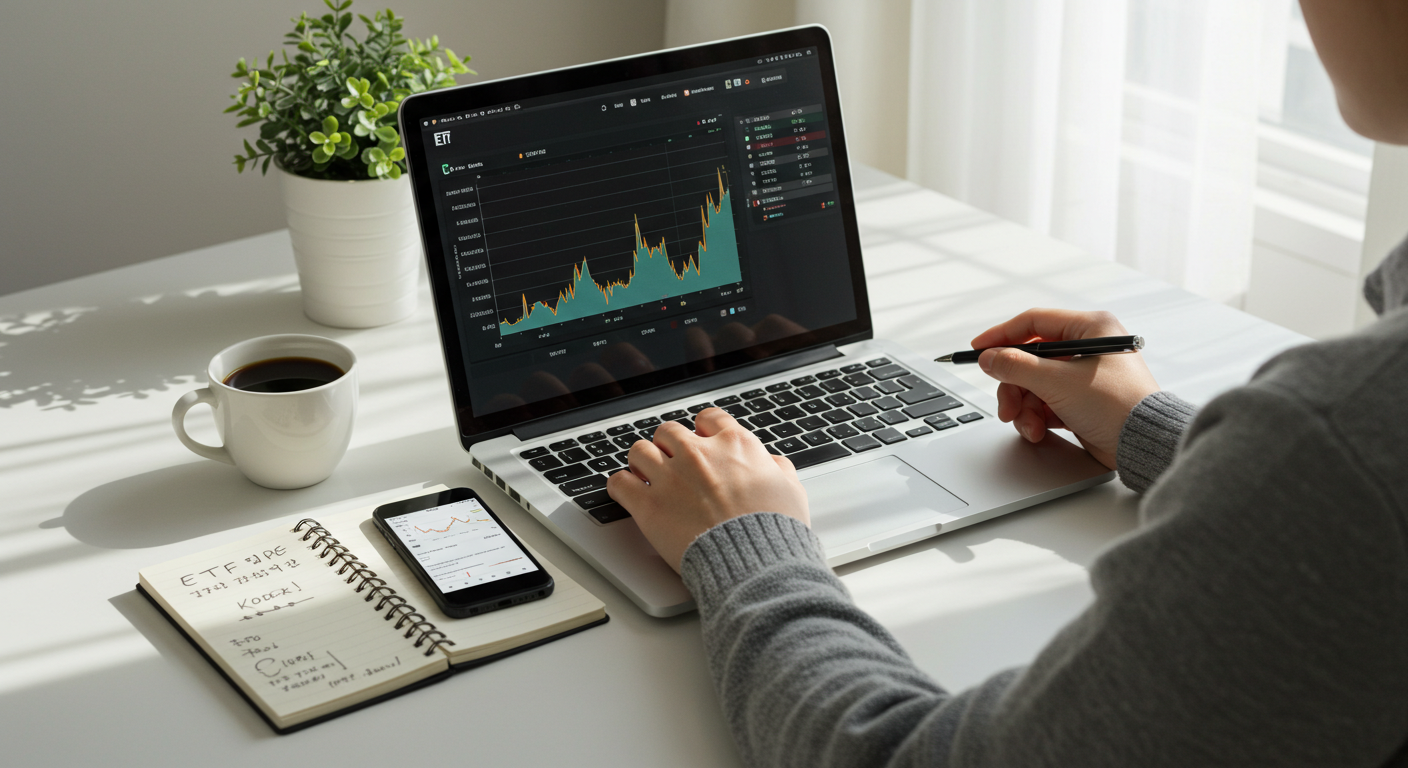 초보 투자자가 TIGER, KODEX, 미국 ETF를 분석하며 주식 공부를 시작하는 모습