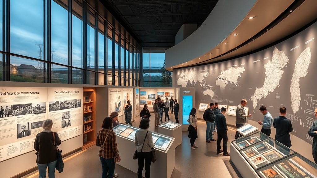 파독 전시관 내부의 모습. 당시 광부와 간호사들의 모습이 담긴 흑백 사진들이 벽에 걸려 있고, 그들의 생활상을 엿볼 수 있는 소품들이 전시되어 있다. 관람객들이 진지하게 전시를 보고 있다.