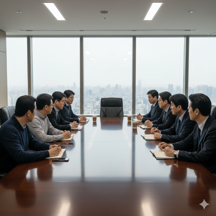 노와 사를 대표하는 사람들이 모여 협상을 하고 있는 모습