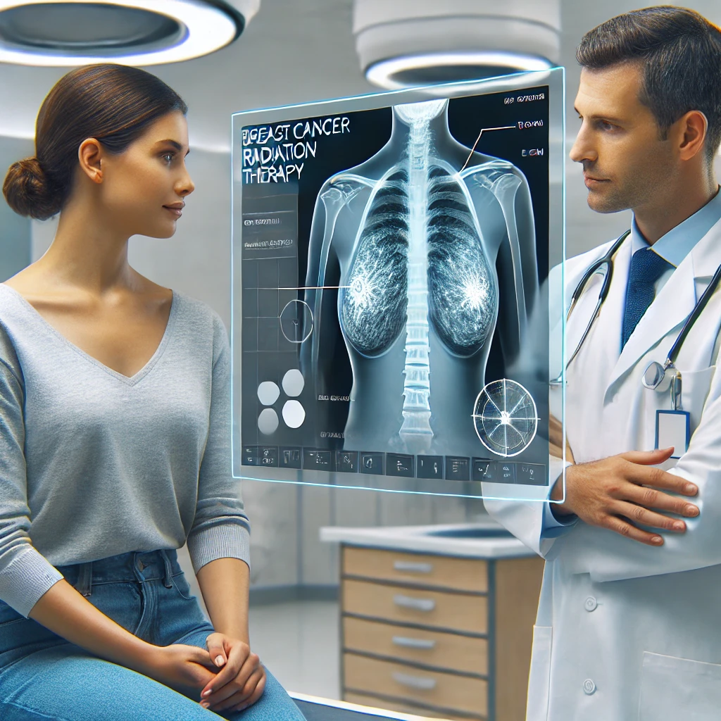 의료진이 유방암 방사선 치료 과정을 환자에게 설명하는 모습.