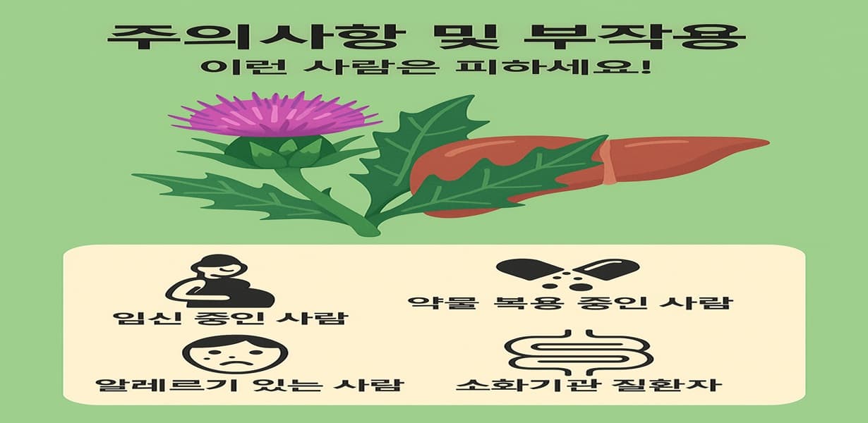밀크씨슬과 간 일러스트 위에 복용 주의 대상자 아이콘을 표시한 인포그래픽