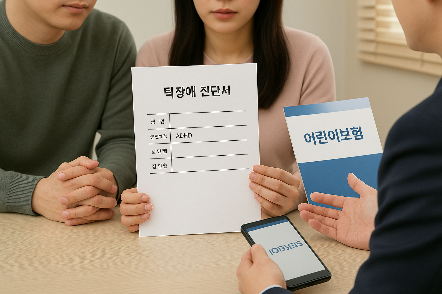 틱 증상 진단서를 들고 보험 상담 중인 부모
