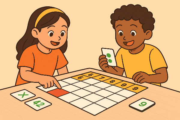 구구단(곱셈구구) 카드놀이를 하고 있는 아이들 이미지