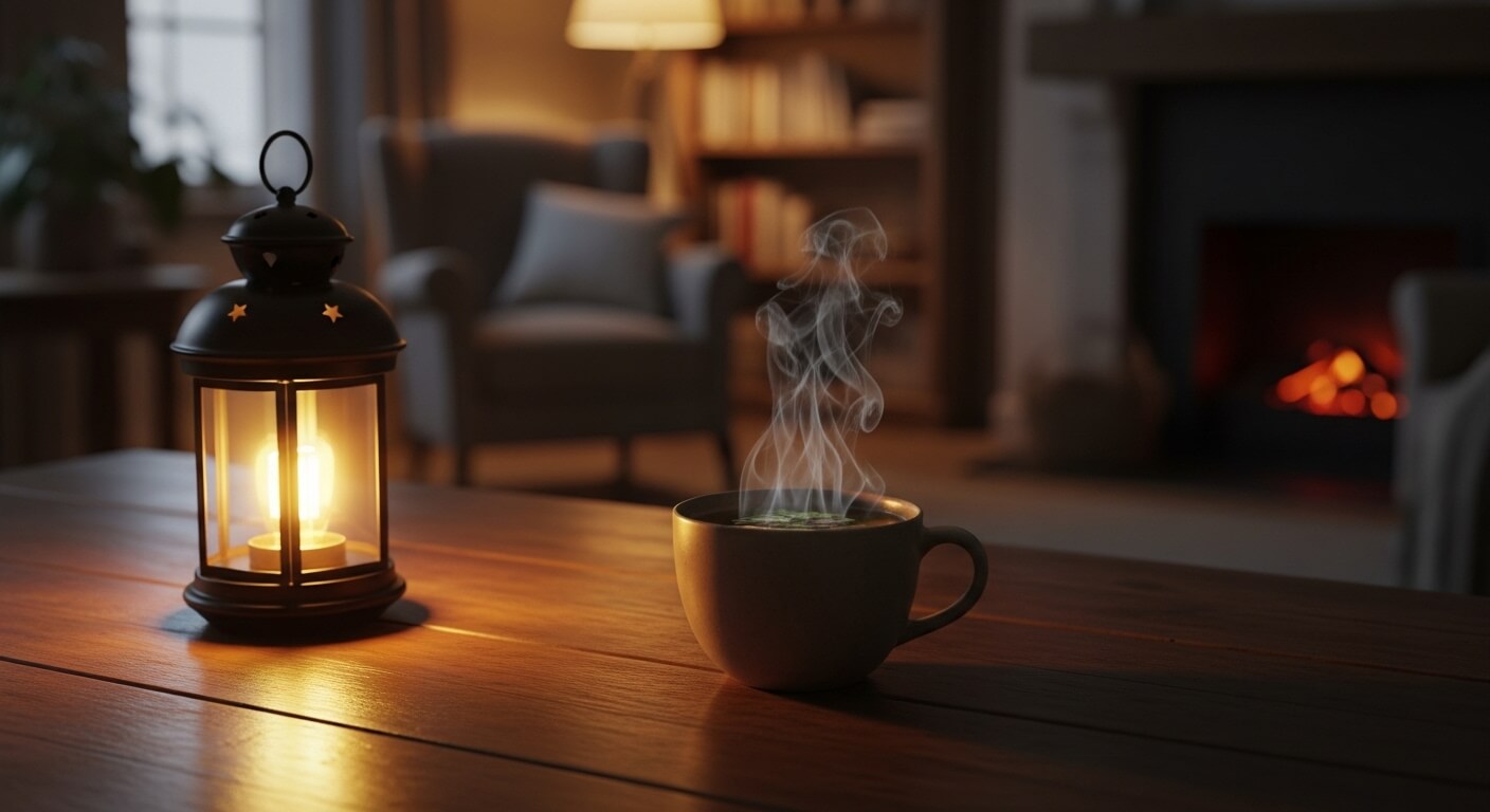 은은한 조명이 켜진 실내 공간에서 레몬밤 허브티 한 잔이 테이블 위에 놓여 있는 장면