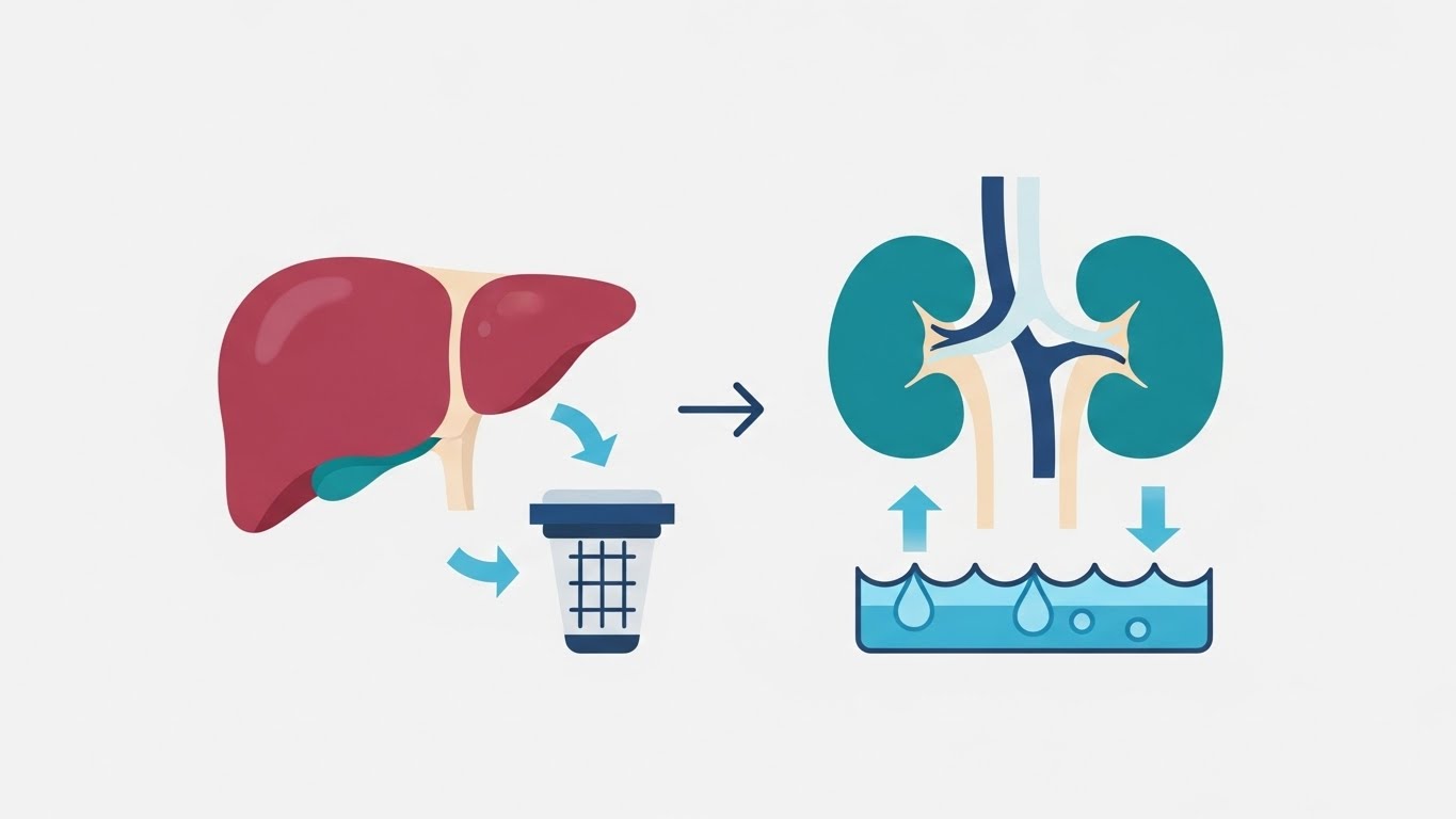 내 몸의 정수기 역할을 하는 간과 신장의 기능을 해독하고 보호하는 과정을 상징하는 그래픽