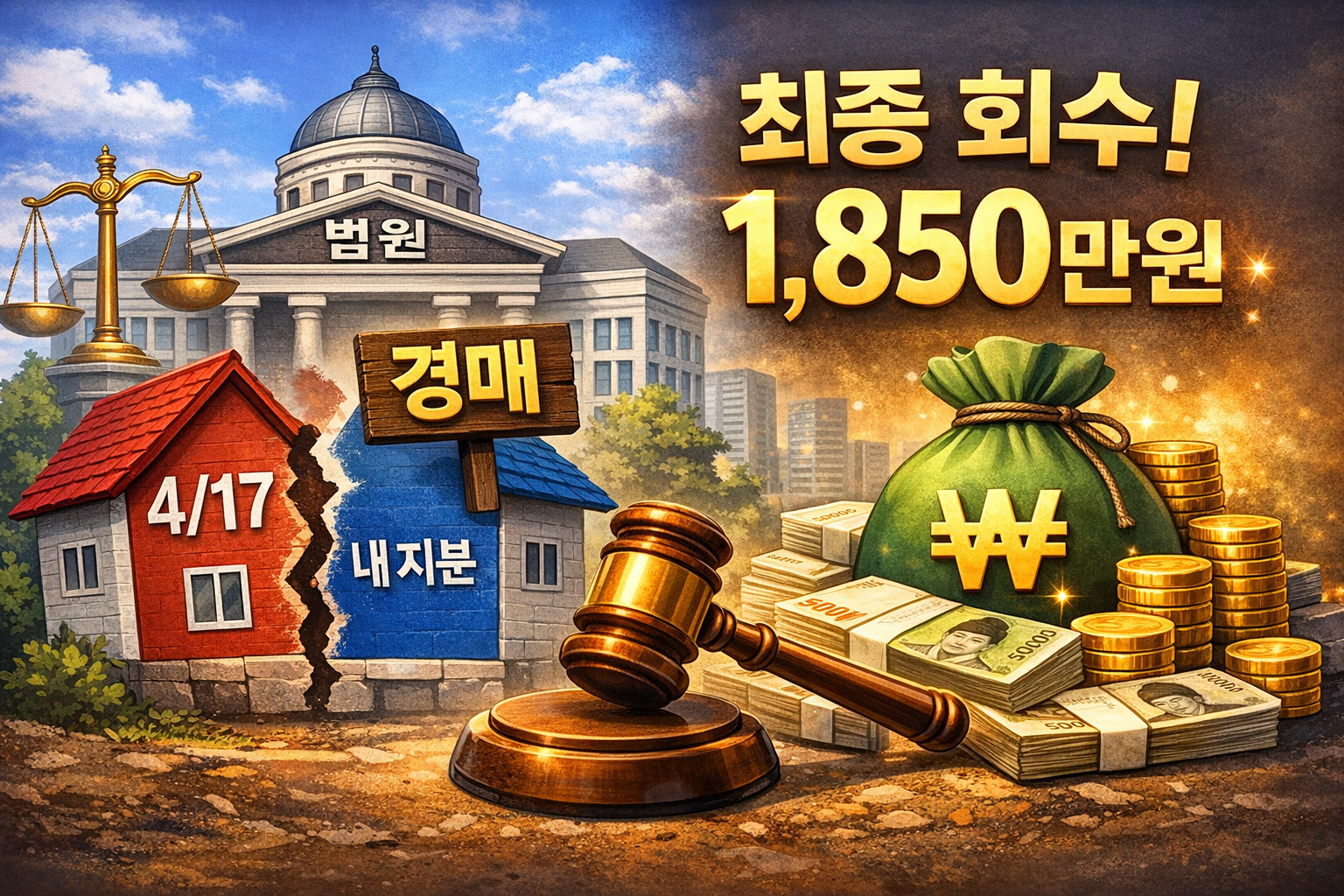 부동산 지분 경매와 부당이득금 회수 과정을 설명하는 실제 사례 이미지