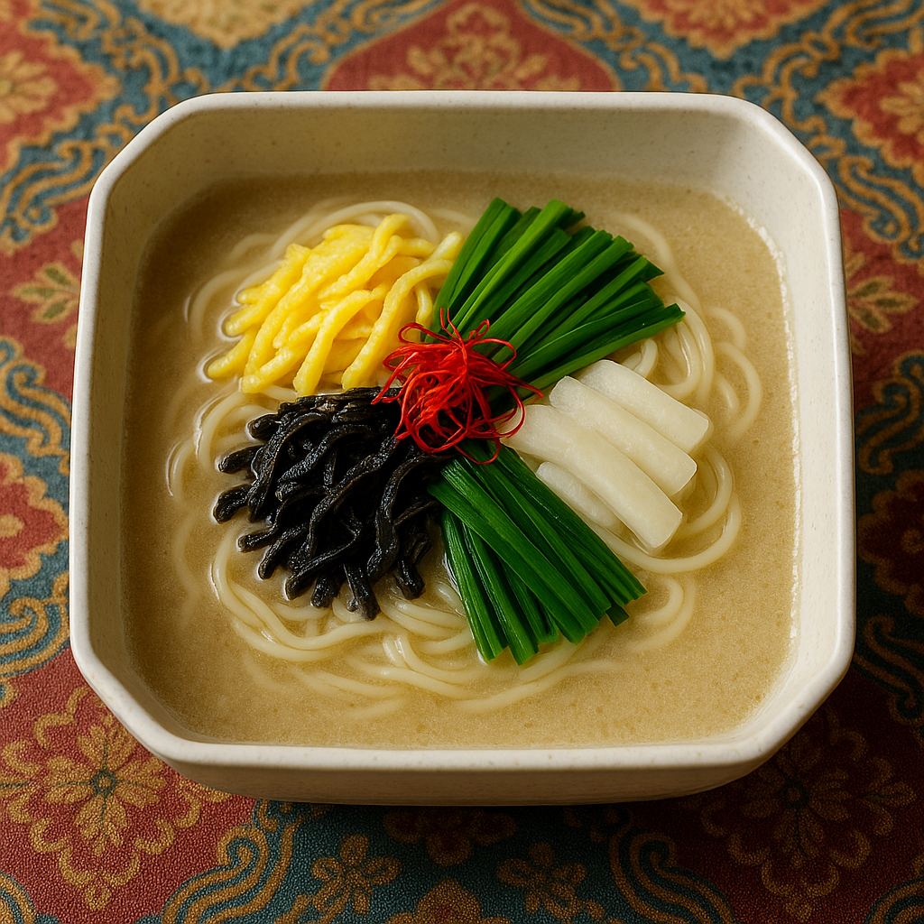 한국 전통식 국수 요리. 들깨와 닭 육수가 어우러진 국물 위에 색색의 고명들(지단, 부추, 석이버섯, 무 짱아치, 실고추)이 정갈하게 얹혀 있음. 정사각 그릇, 전통 식탁보, 자연광 촬영