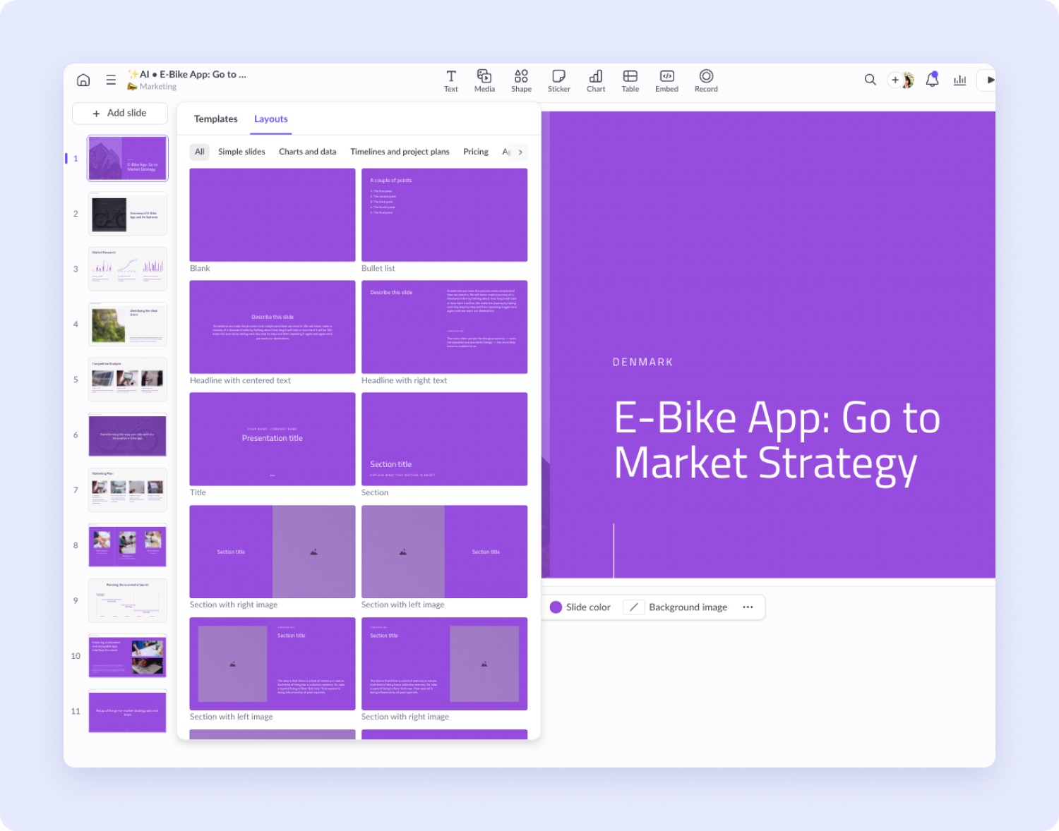 Pitch AI로 만든 deck 편집 화면 예시