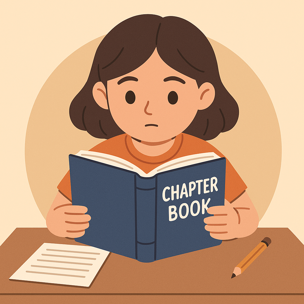 두꺼운 영어 챕터북을 집중해서 읽고 있는 초등 고학년 아이