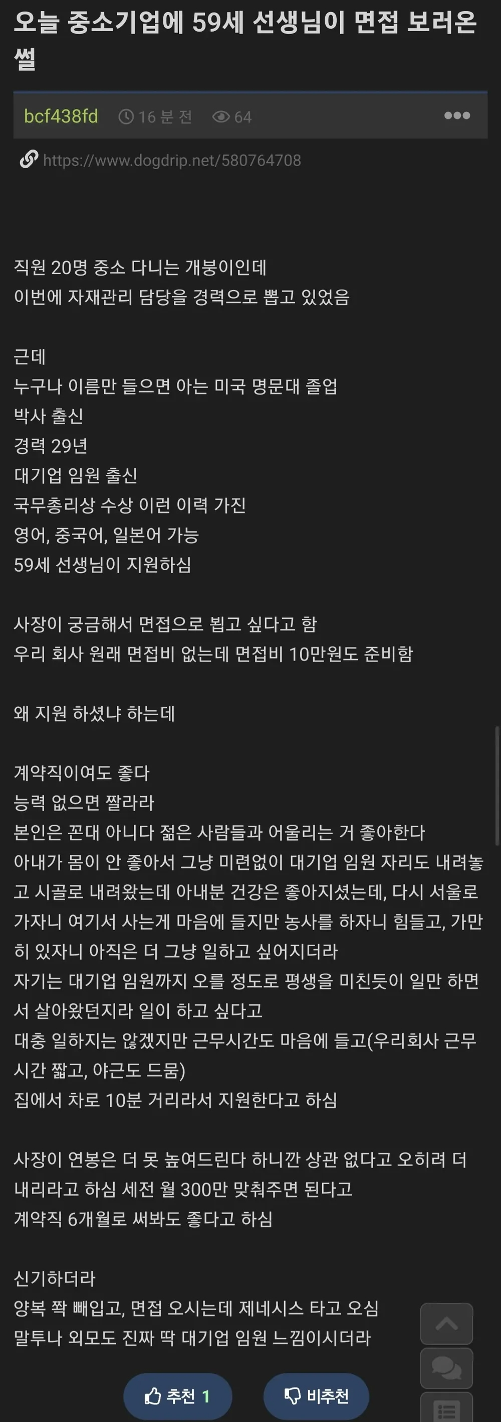 대기업 임원이 중소기업 면접 보러 온 썰