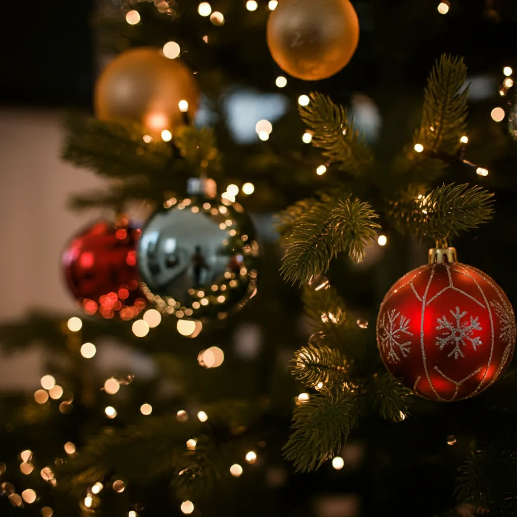 다양한 색상의 크리스마스 볼과 따뜻한 조명이 어우러진 클로즈업 이미지