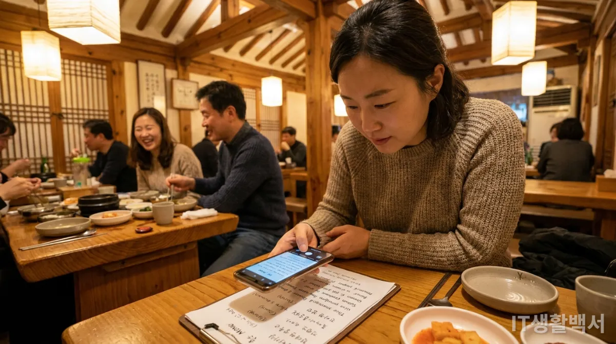 한국 식당에서 스마트폰으로 외국어 메뉴를 번역하는 한국인 여성의 모습