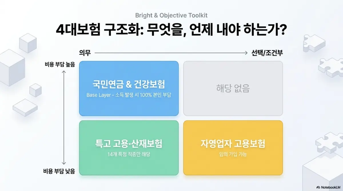 프리랜서 4대보험: 프리랜서 4대보험을 의무와 선택 조건부 축으로 나누어 국민연금 건강보험은 의무 고용보험 산재보험은 특고 14개 직종만 해당 자영업자 고용보험은 임의 가입임을 사분면 매트릭스로 정리한 이미지. 프리랜서 4대보험 구조를 한눈에 파악할 수 있도록 시각적으로 전달하며 블로그의 항목별 가입 여부 정리와 관련된 내용을 설명함