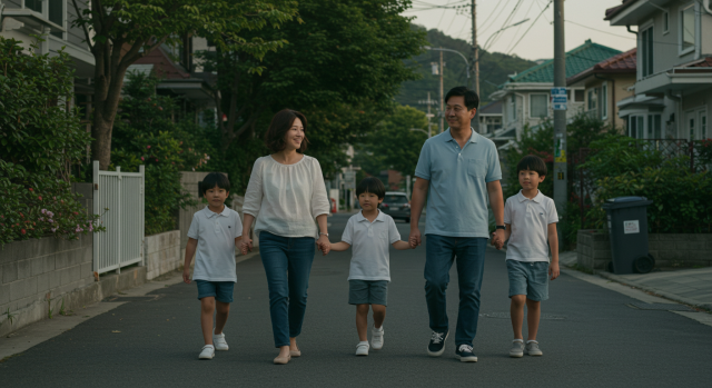 식사 후 가족이 집 근처를 산책하는 장면