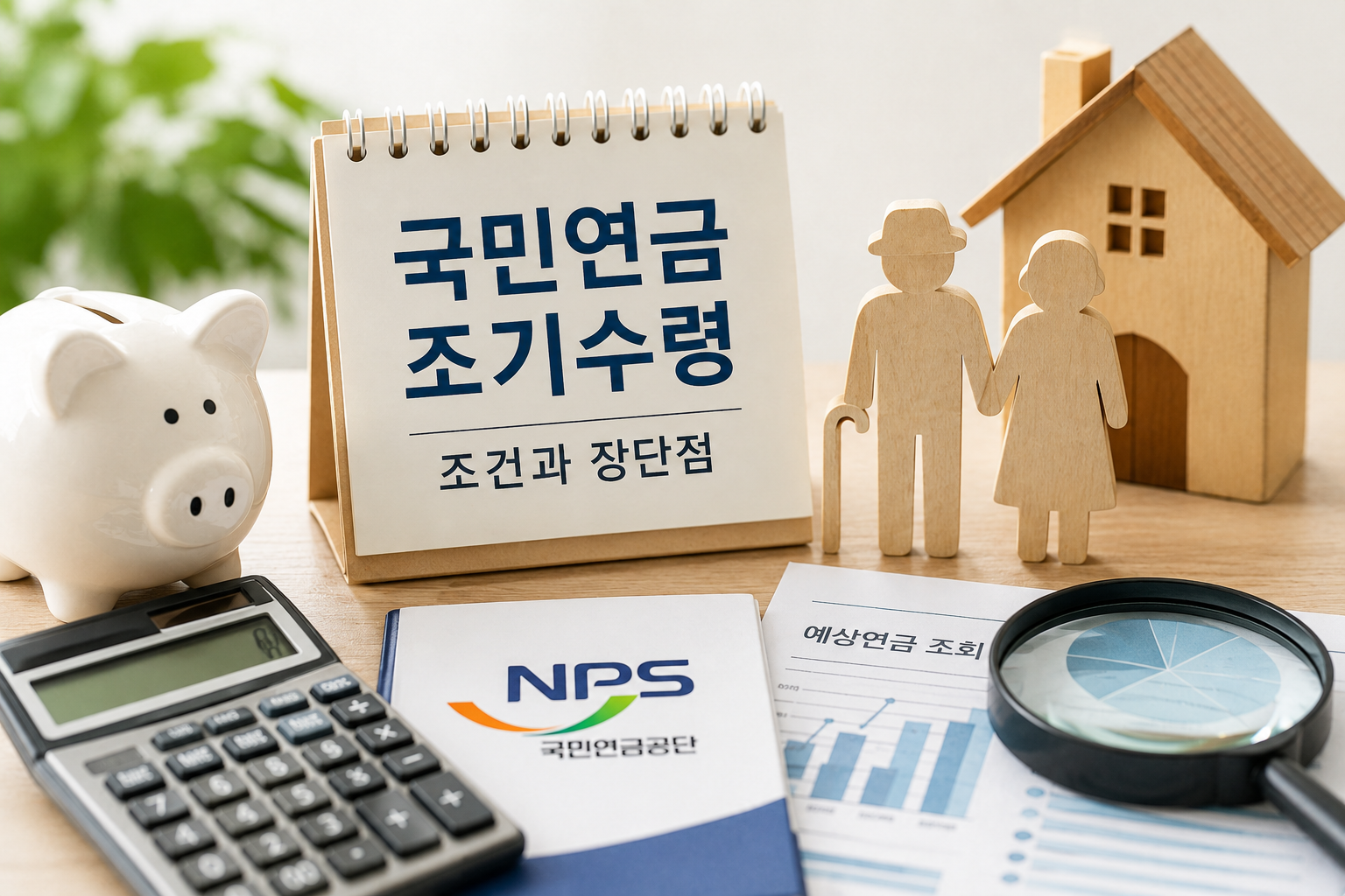 국민연금 조기수령 조건과 장단점을 알아보기 위한 연금 서류, 계산기, 노년 부부 이미지