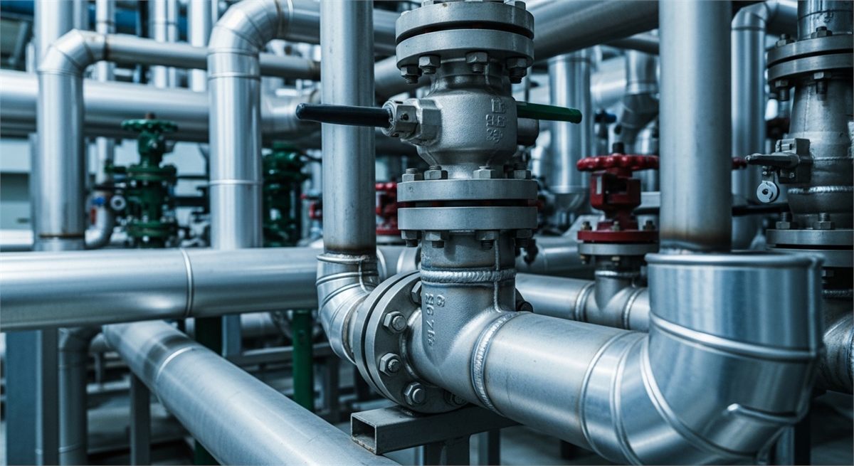 원전 플랜트 배관과 금속 설비를 가까이 담은 장면 