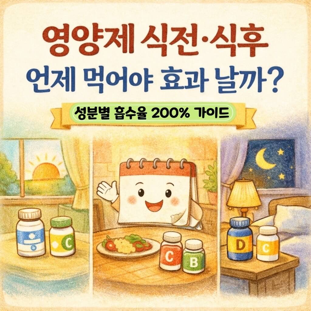 아침 공복, 식사 직후, 취침 전 영양제 복용 시간을 동화 스타일로 표현한 이미
