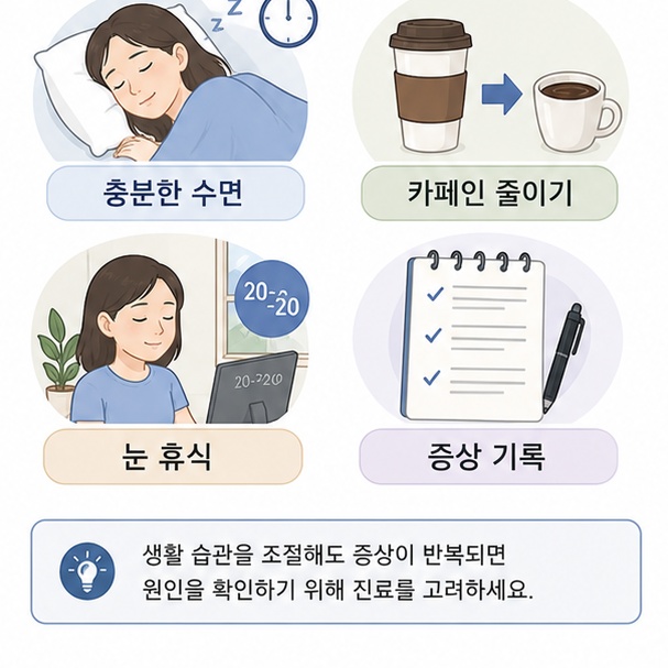 충분히 자고 카페인을 줄이며 눈을 쉬게 하는 생활관리가 일시적인 눈밑 떨림에 도움이 될 수 있음을 보여주는 그림