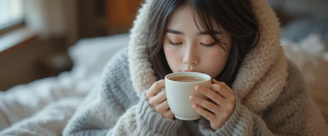 냉방병 증상을 줄이기 위해 따뜻한 음료를 마시는 사람