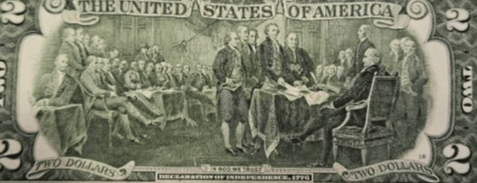 2달러 지폐 뒷면 미국 독립선언서 채택장면