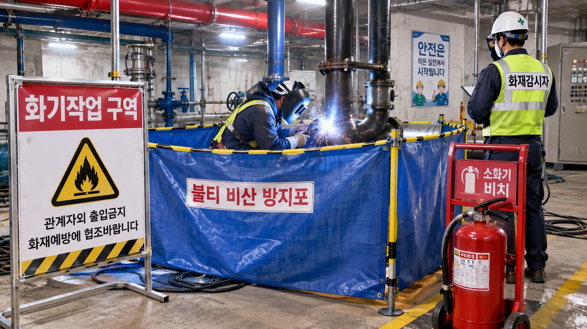 지하 기계실에서 배관 용접 작업 구역에 불티 비산 방지포와 소화기가 설치된 모습